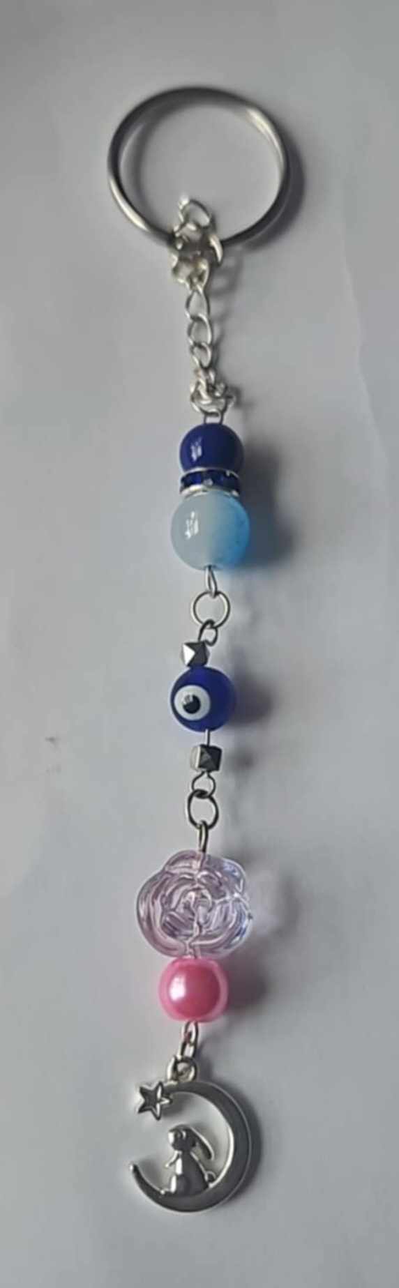 Evil Eye Keychain with Bunny on Moon Pendant